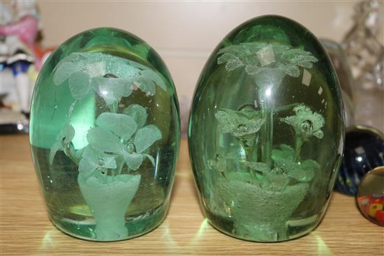 Two Stourbridge green glass air bubble dumps, three paperweights and a collection of glass and ceramic animals